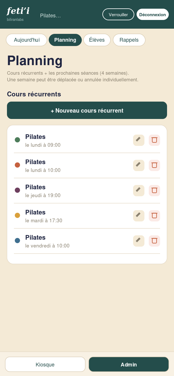 Planning des cours récurrents